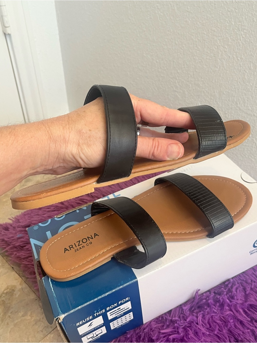 Arizona Jean Company Black and Tan Double Strap Slide Sandals - Picture 6 of 6